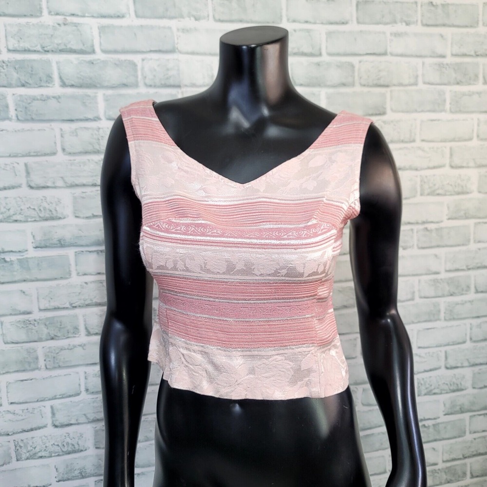 Vintage 90s Wrapper Womens XS Pink Tapestry Knit Crop Tank Top Victorian